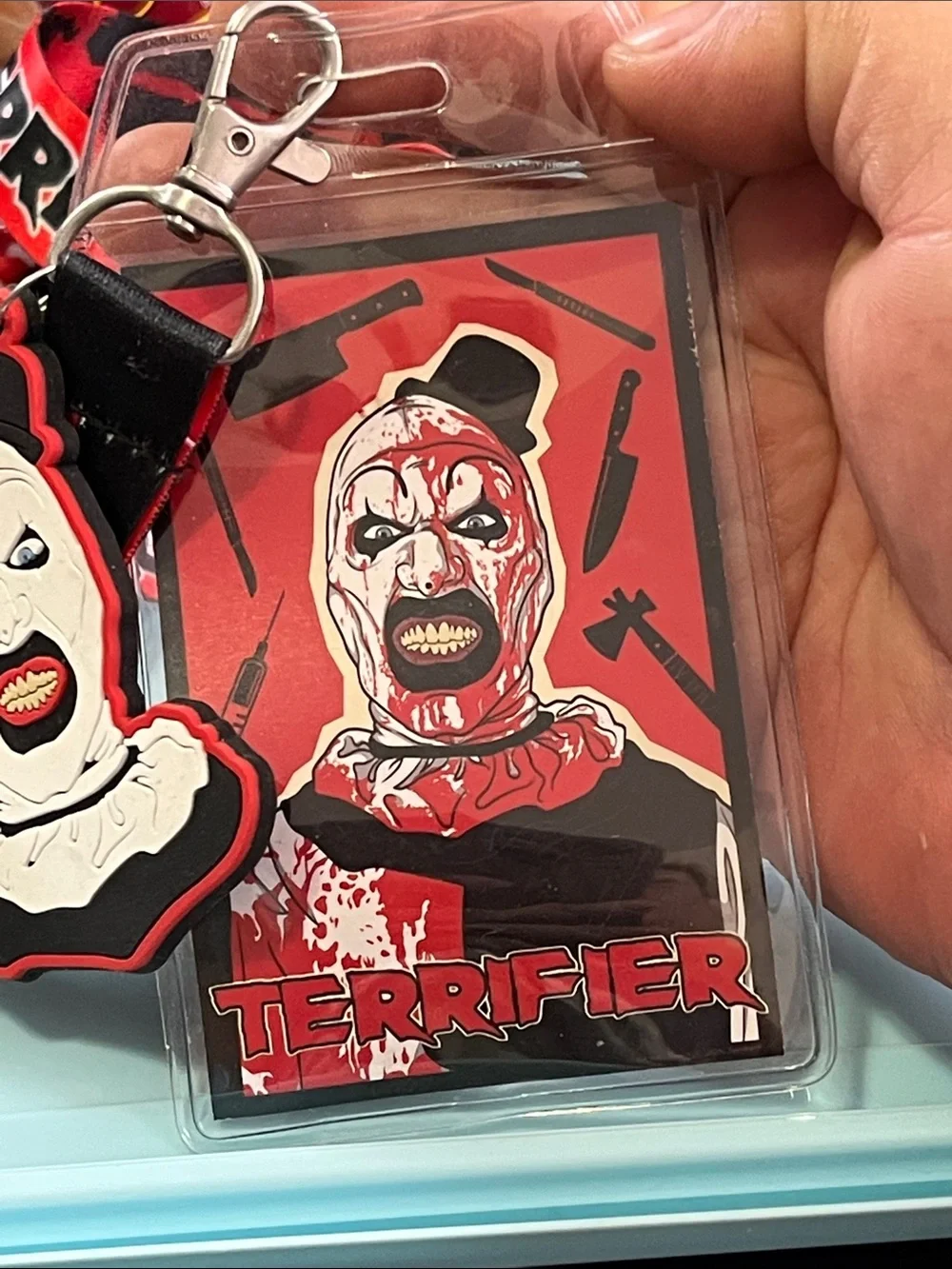 Red Graphic Lanyard with Card Holder and Charm